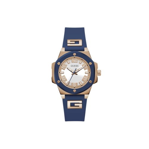 Guess Watches Women's 38mm Analog Stainless Steel Watch with Blue Silicone Strap, Officially Imported