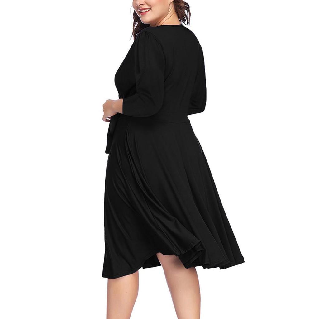 Vestido Casual Feminino Plus Size com Decote V, Cor Sólida, Manga de Sete Quartos, Cintura Marcada