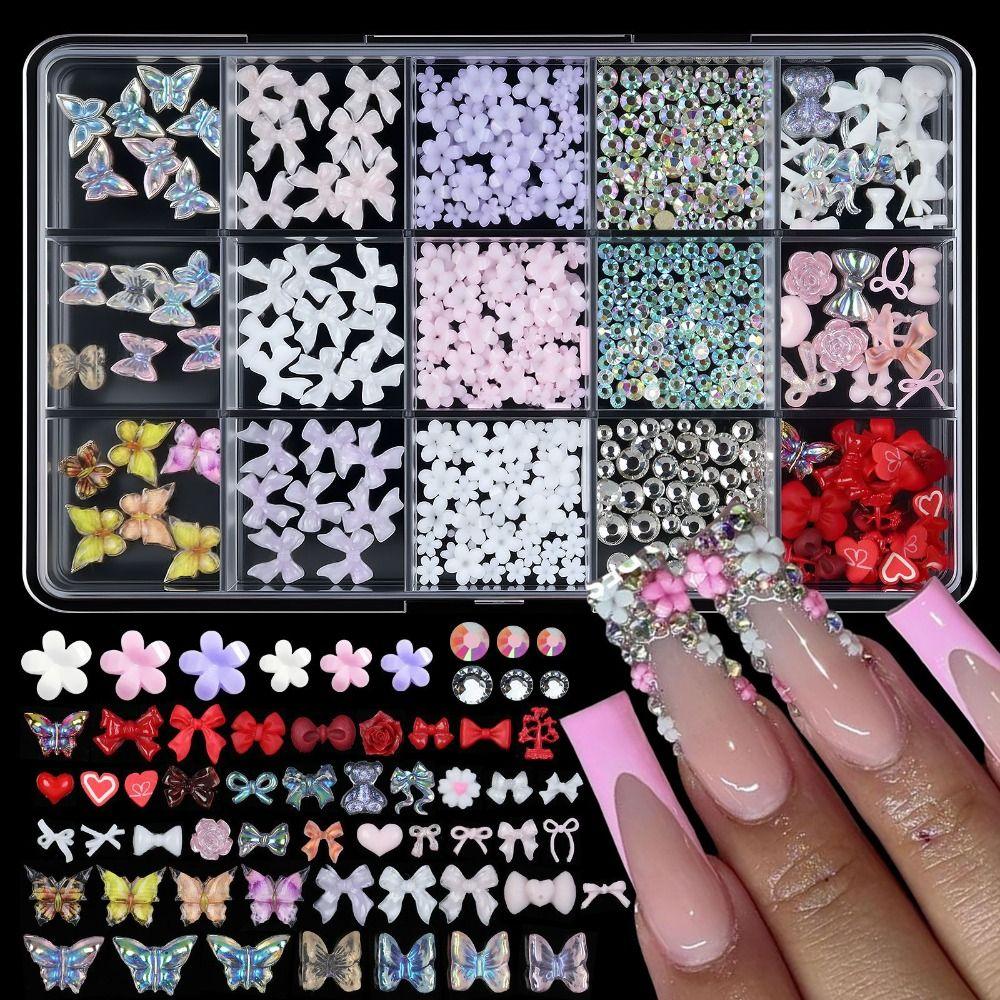 15Grids/Box Resin Nail Rhinestones Mixed Bowknot Pearl Heart Nail Art Decorations  DIY