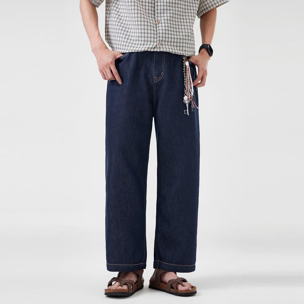 Spring and summer new denim primary color jeans men's American retro trendy brand loose wide-leg straight nine-point pants