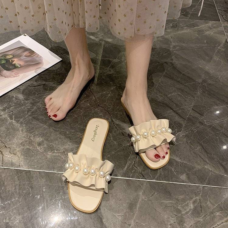 35-42 Large Size Women's Shoes Cool Slippers Women's Summer Fashion Outer Wear 41 Fairy Wind Sweet Pearl Flat Bottom One-word Drag 42