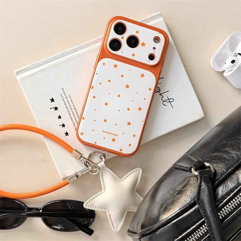 Kawaii Orange Star Phone Case With Star Wrist Strap For iPhone 14 15 16 17 Pro Max INS Cute Shockproof Protective Cover