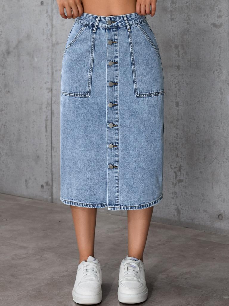 Women's High Rise Pencil Denim Skirt Slim Midi Skirt Streetwear Spring Sexy Hot Girl Button Front Split Hem Solid Color Bodycon Bottoms