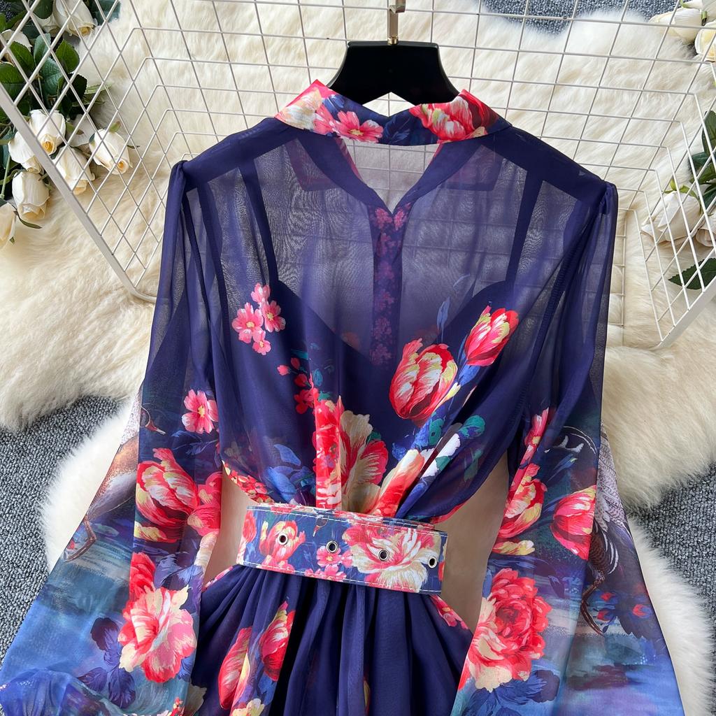 Summer Women Vintage Print Turn-down Collar Chiffon Holiday Beach Long Maxi Shirt Dresses With Belt