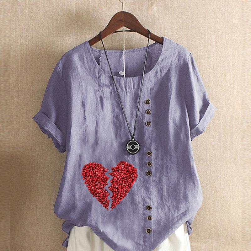 Women's Fashion Red Love Prined Short Sleeve T-shirt Loose Cotton Shirt Casual Loose Summer Blouse Tops Plus Size