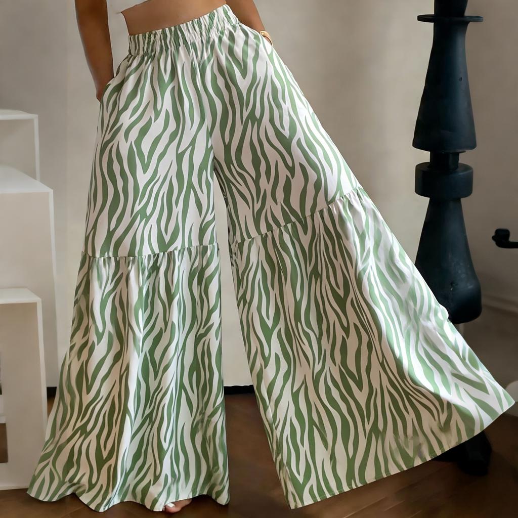 Women's High Waist Wide Leg Pants Loose Fit Lightweight Floral Print Casual Palazzo Trousers with Elastic Waistband and Side Pockets