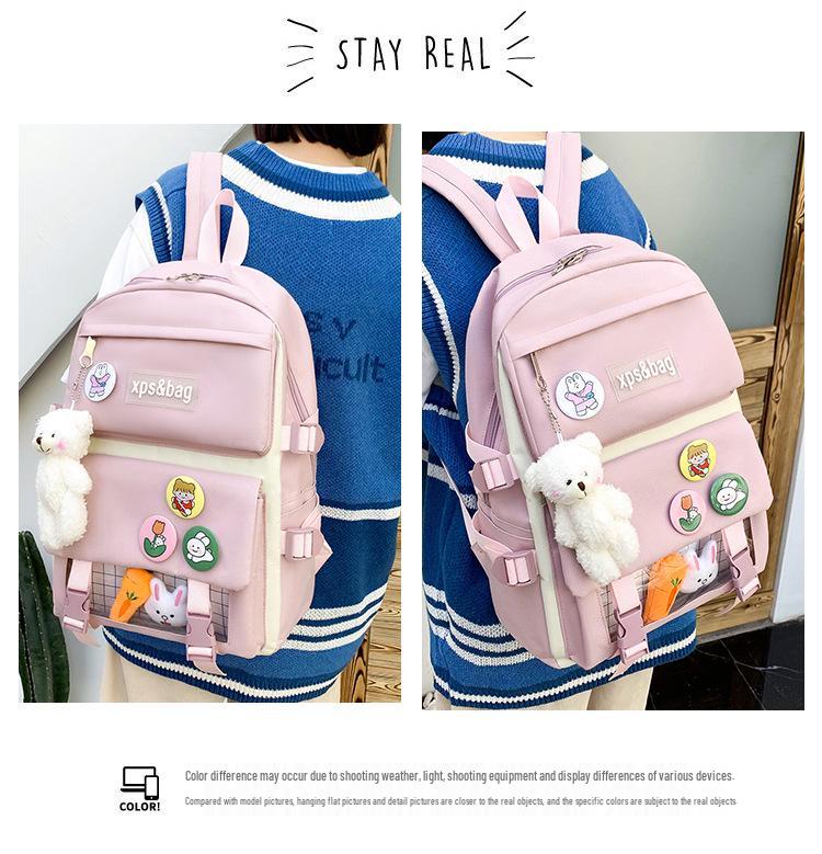 Set di Zaini in Tela da 4-5 Pezzi per Studenti: Design Carino con Carota e Coniglio, Perfetto per Bambine e Bambini delle Scuole Elementari e Medie