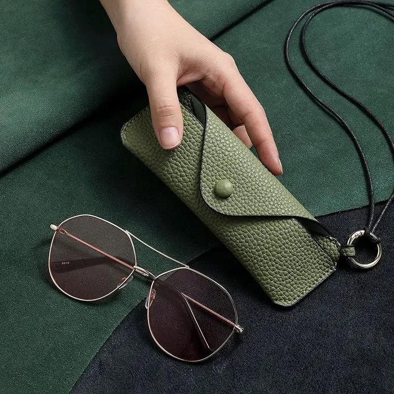 Portable Retro Pu Leather Glasses Bag With Lanyard Hanging Sunglasses Case Simple Eyeglasses Storage Box Waterproof Eyewear Case