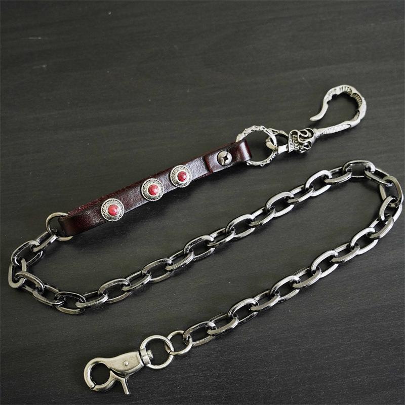 Retro Punk Cowhide Wallet Chain with Ghost Head Buckle - Men's Anti-theft Hip Hop Style
