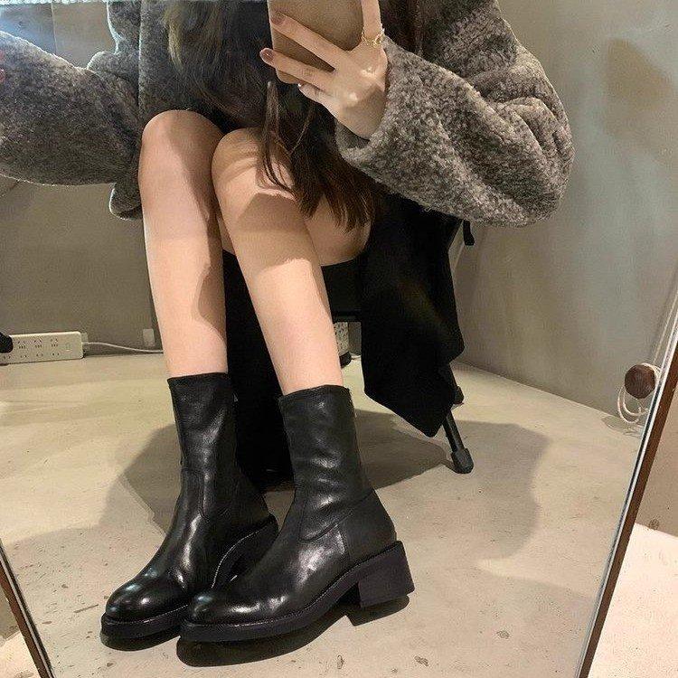 [Ushilai] French thick heel platform short boots women's spring 2025 new retro temperament versatile Martin boots