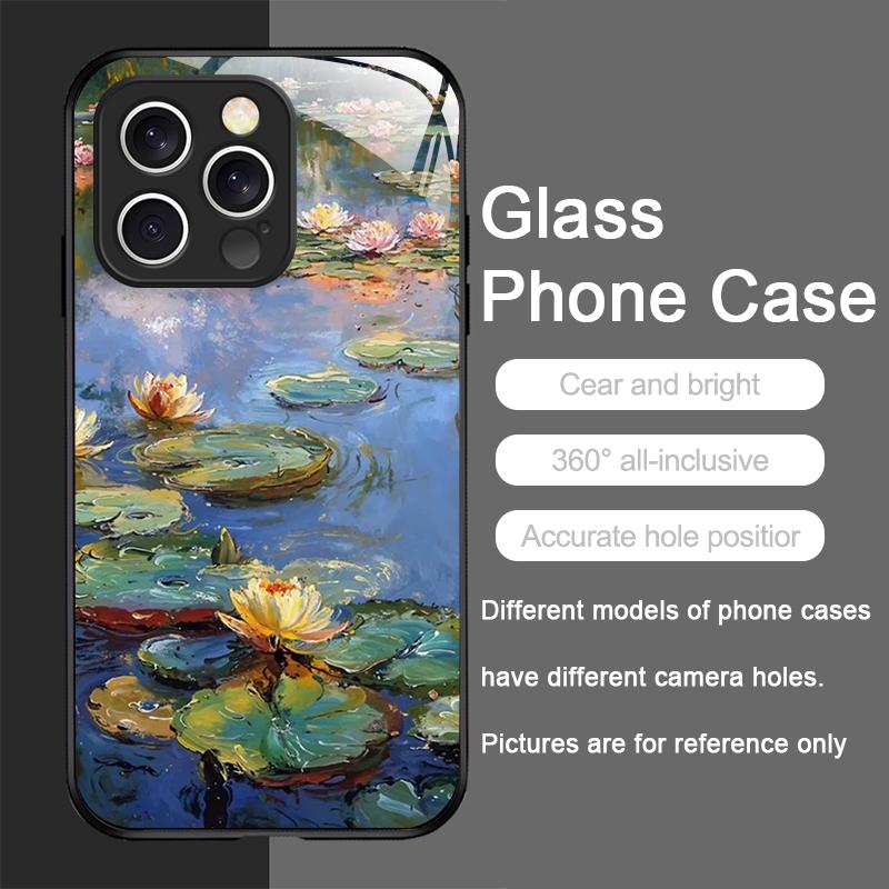 Retro Oil Painting Lotus Flowers Pattern Tempered Glass Phone Case for IPhone 17 16 Pro Max 15 14 Plus 13 12 Mini 11 XS XR Cover