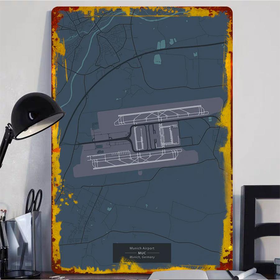 Munich Airport MUC Aviation Theme Metal Wall Art Modern Home Office Decor Germany Airport Map Painting