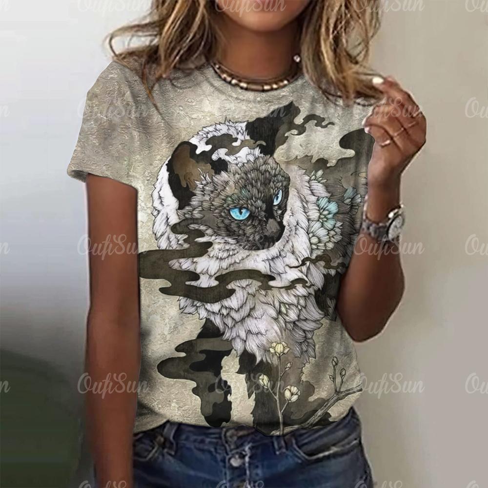 Top Women Fashion Woman Blouse 2024 3d Japanese Style Cat Print T-Shirts O-Neck Short Sleeve Tees Female Clothing Y2k T Shirts