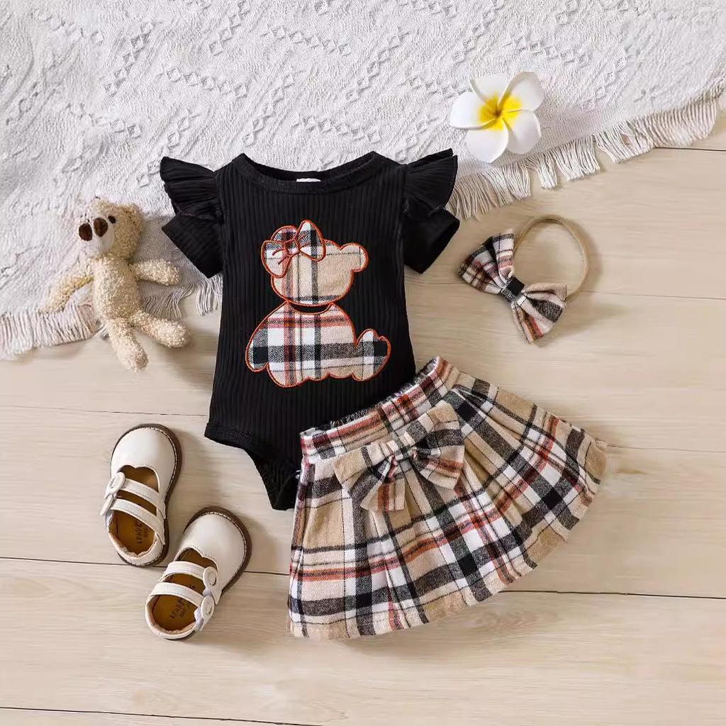 Bambina Neonato Stile Estivo Borsa con Toppa a Orso Ricamata Culatta Triangolare Gilet a Quadretti Farfalla