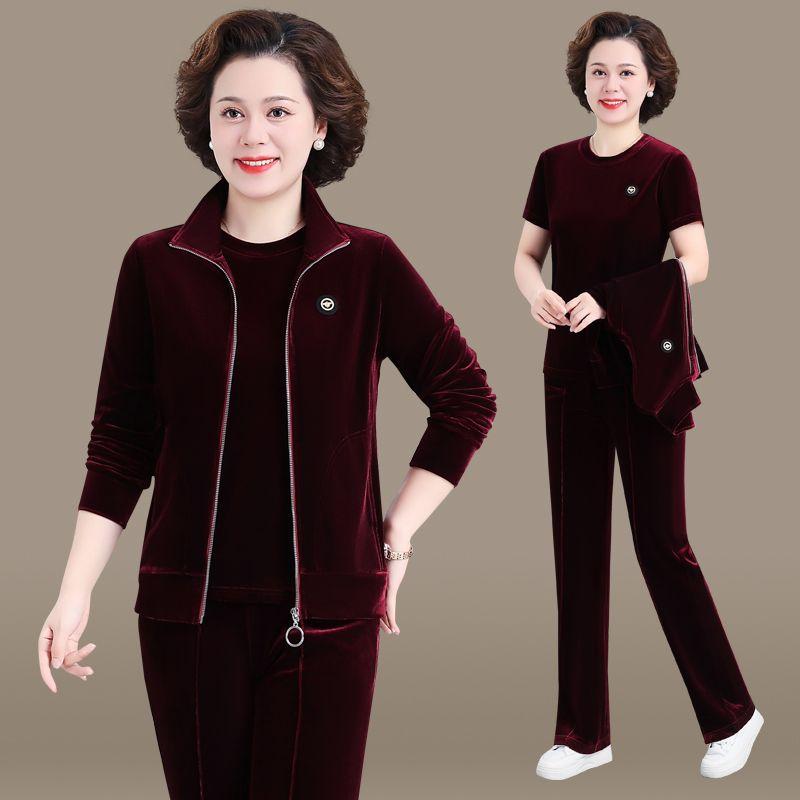 Loose Casual Wear Three-piece Golden Velvet Sports Suit Spring and Autumn Ladies Are Thin and Plus Size