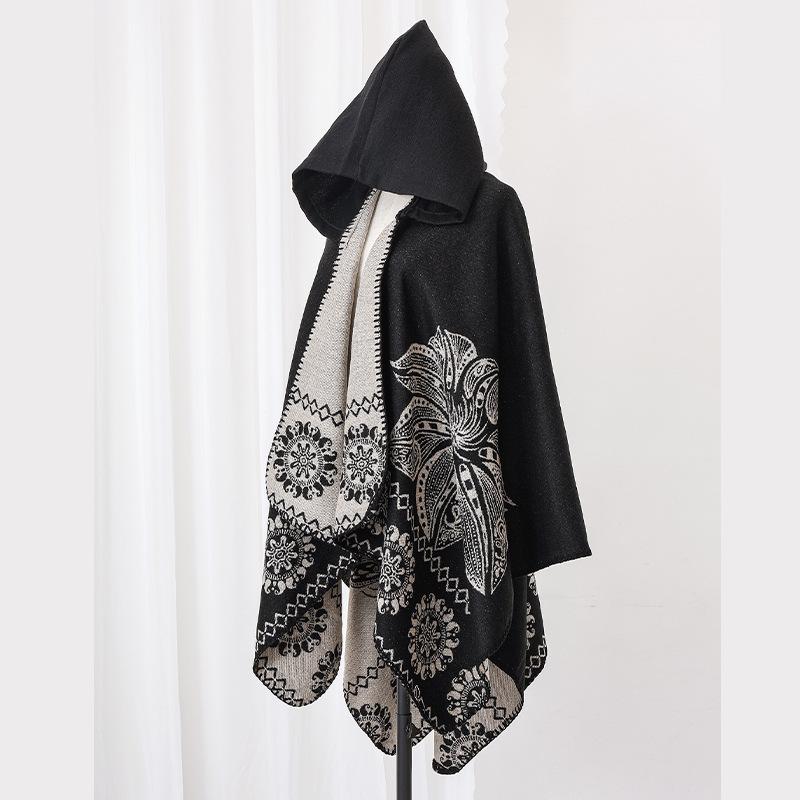 Winter Women Scarf Hooded Layers Poncho Elegant Lady Retro Floral Print Warm Wrap Shawl Scarve Capa Para Mujer Pashmina Cloak