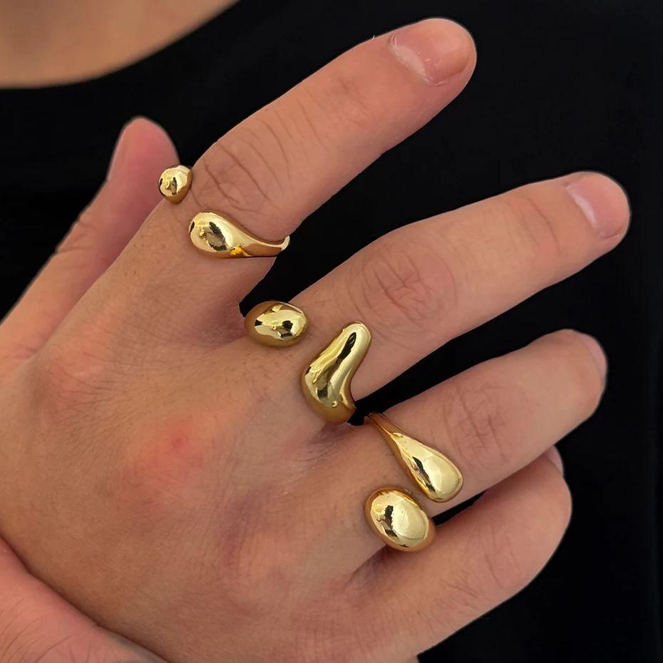 PuRui Vintage 3Pcs/Set Gold Color Open Adjustable Water Drop Shaped Rings Finger for Men Trendy Hip Hop Daily Party Zircon New