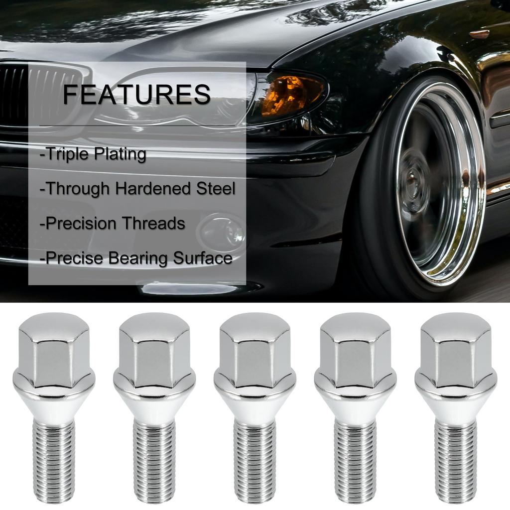 UXCELL Wheel Bolts, 60° Tapered Seat, 17mm Shank, Lug Nuts, Chrome, Wheel Stud Set, M12x1.5, 26mm, 8 Pieces