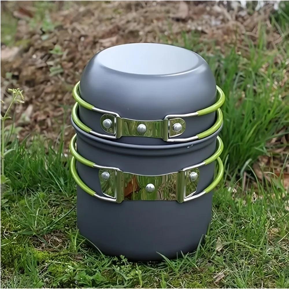 1set Camping Portable Cookware Hard Aluminum Alloy Material 1-2 Person Pot for Outdoor Camping Cooking Baking Equipment Tools