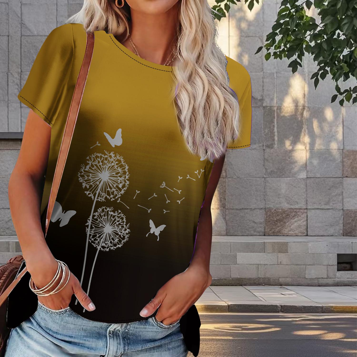 

Жіноча літня футболка з принтом кульбаби, ретро-мода, з коротким рукавом, повсякденні друковані топи 8XL жовтий