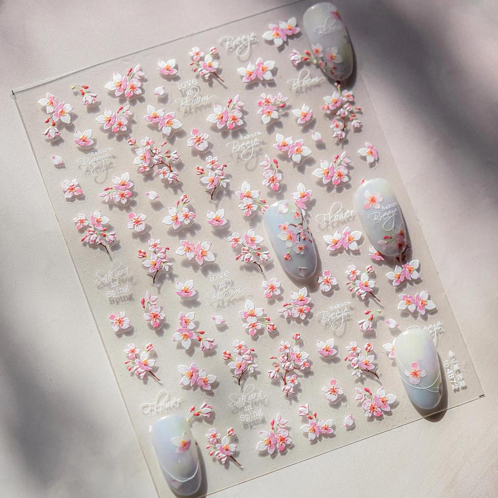 Flowers Blooming Cherry Blossom Sakura Living Peach Branch 5D Soft Relief Spring Adhesive Nail Art Sticker Chic Manicure Decals