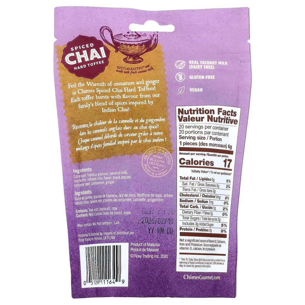 Chimes, Spiced Chai, Hard Toffee, 100g (3.5oz)