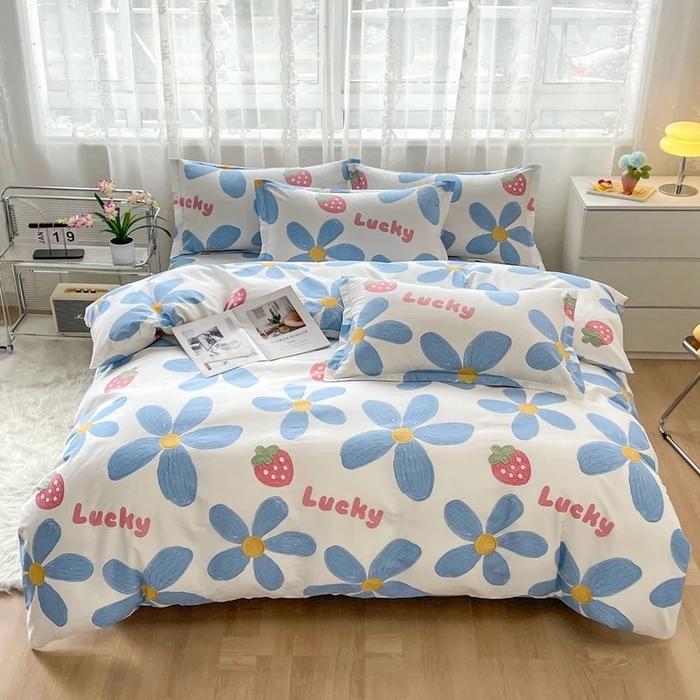 Cute Bear 100% Cotton Duvet Cover Cartoon Theme Bedding Set Kawaii Animal Comforter Cover Heart Print Bed Sets with 2 Pillowcase