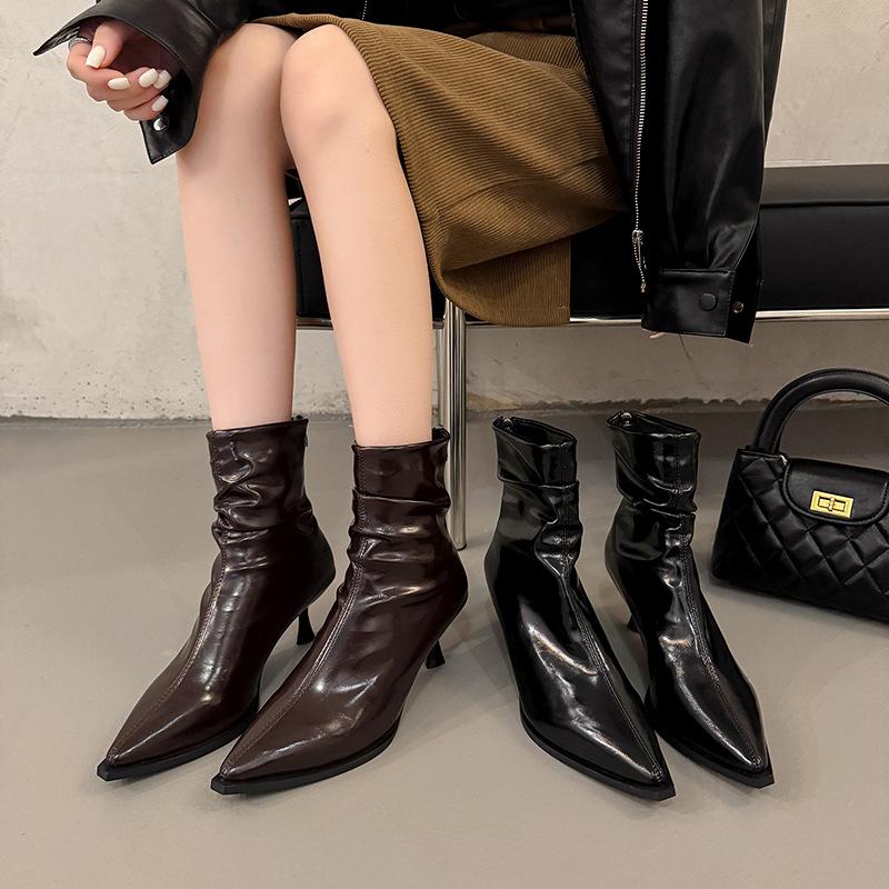 Patent Leather Trend Thin Boots High Heel Short Boots 2025 Autumn and Winter New European and American Versatile Pointed Thin Heel Black Short Boots