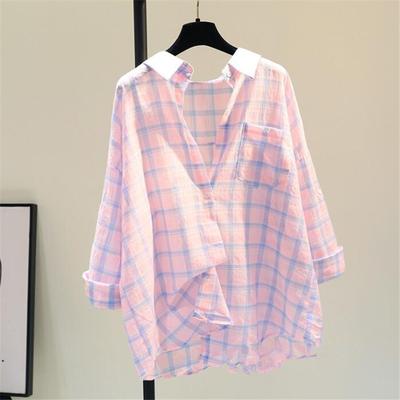 Summer Sunscreen Clothing Single Pocket Cotton Linen Plaid Shirt for Women's Sunscreen Shirt  Loose Casual Shirt
