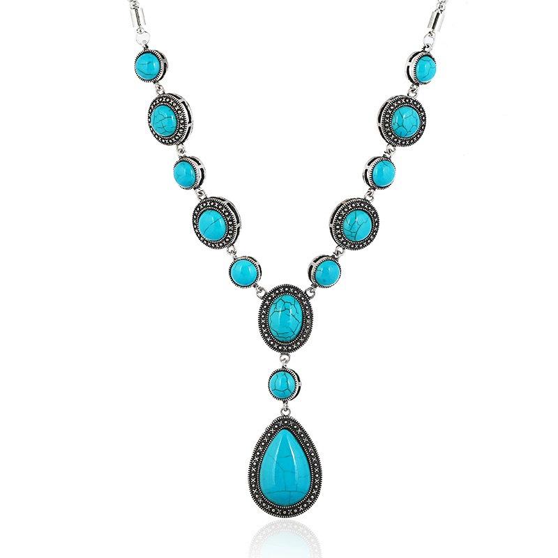 Retro Türkis Lange Halskette - Europäischer & Amerikanischer Stil, Ethnisch Tibetisch, Vielseitiger Anhängerschmuck für Frauen
