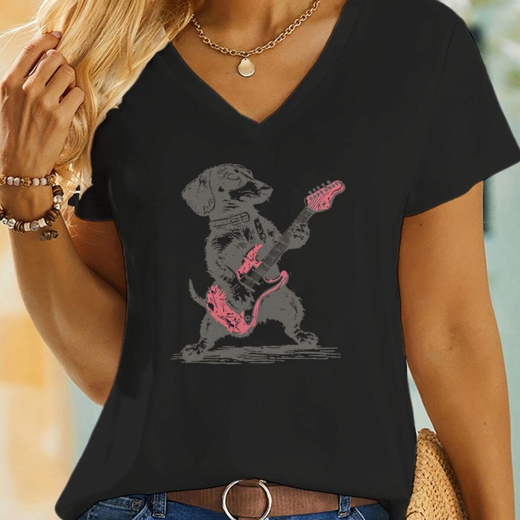 Vintage Dachshund Playing Guitar TShirt Women Funny Wiener Dog Rocker Tee Top Dog Lover Gift Fashion Short Sleeve Vneck Tee