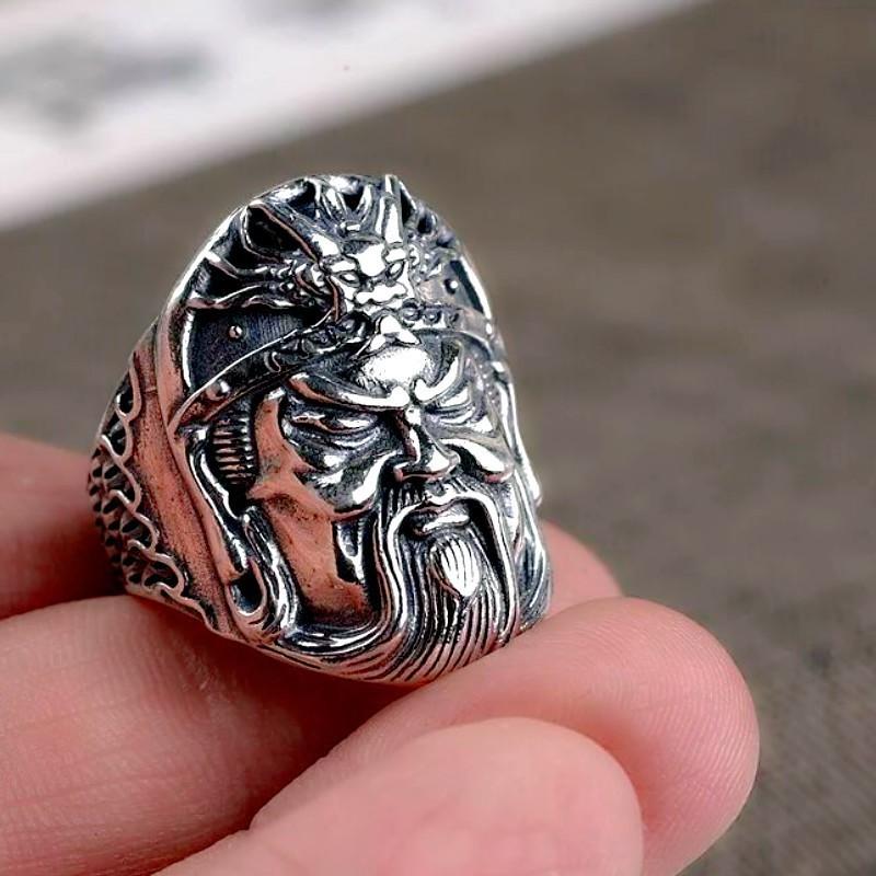 Adjustable Open Ring Men Women Plated Guan Yu Warrior Design Vintage Style Statement Jewelry Gift