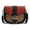 Georgie 21 Carriage Color Matching Rivets Leather Saddle Bag Shoulder Crossbody Bag Small Size Women's Black with Reddish Brown