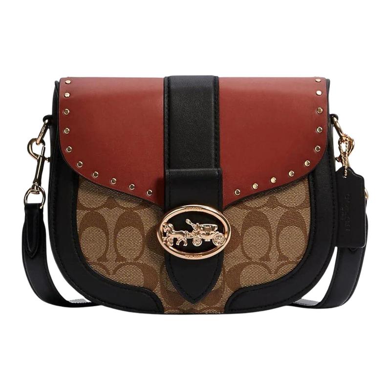 Coach Georgie 21 Carriage Color Matching Rivets Leather Saddle Bag Shoulder Crossbody Bag Small Size Women's Black with Reddish Brown