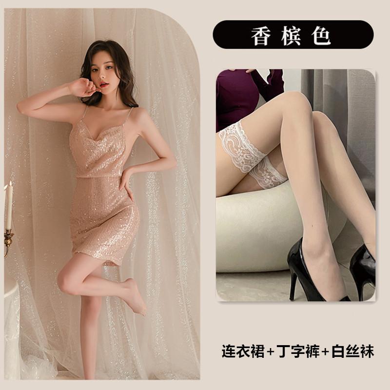 Sex underwear sexy shiny hot temptation halter nightdress perspective uniform no-take-off pajamas