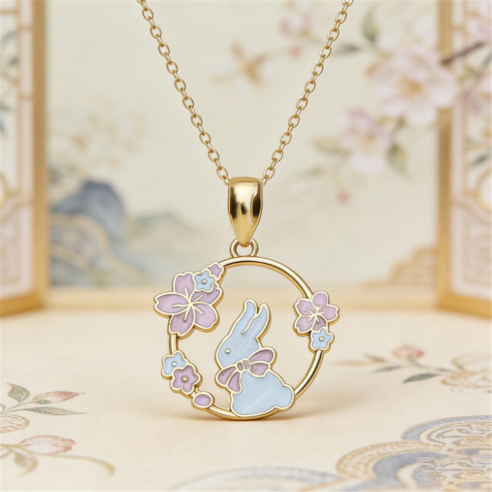 Cute Animal Female White Pink Blue Black Enamel Skeleton Flower Rabbit Pendant Necklace Gold Color Wedding Jewelry For Women