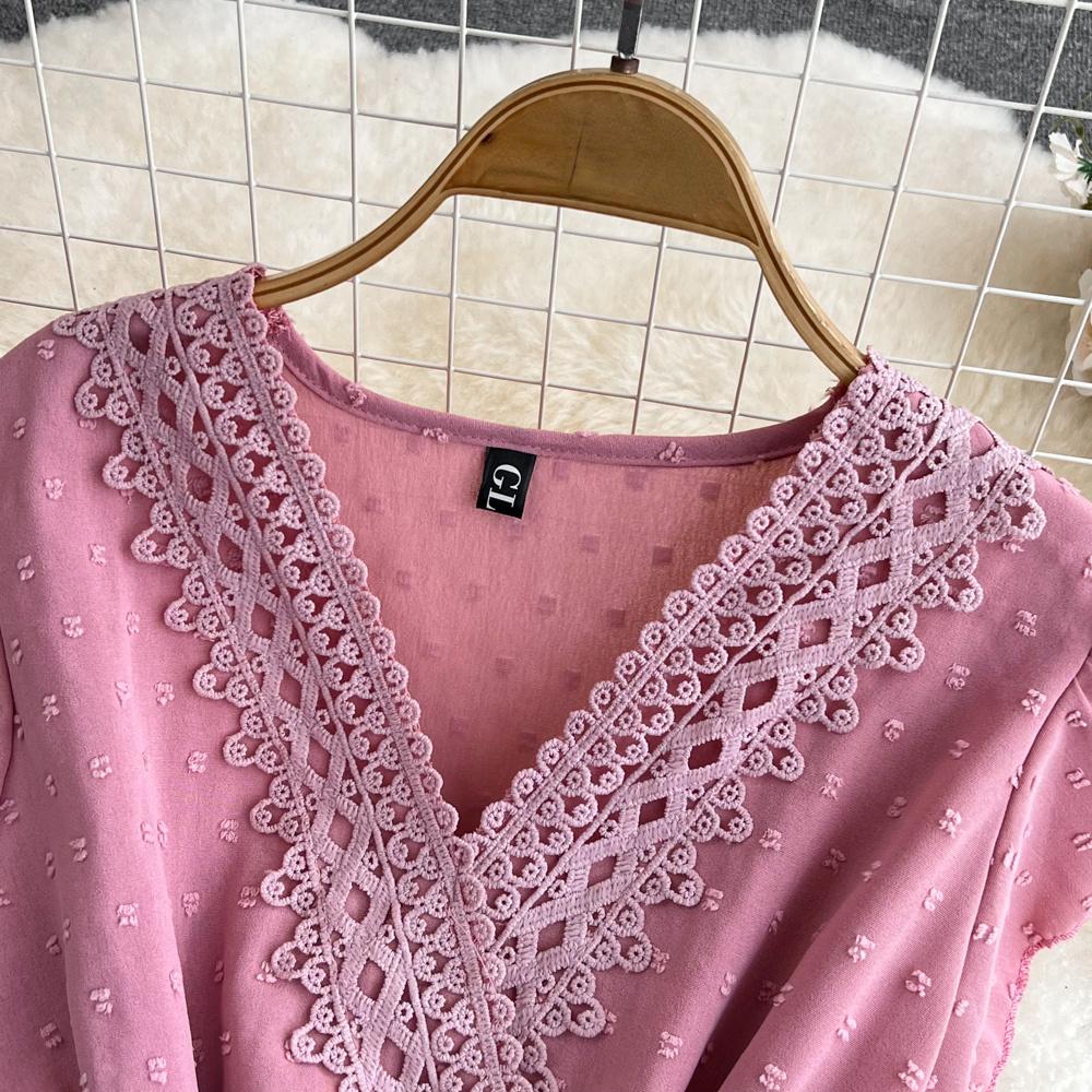 Letnia Polka Dot elegancka sukienka jednoczęściowa damska Vintage dekolt w serek sukienki z latającymi rękawami damska wysoka talia linia A patchworkowa sukienka plażowa 2024 nowość