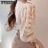 WTEMPO Women Hite Lace Patchwork Hollow Out Shirt Long Sleeve O-Neck Mesh Tops Spring Elegant Solid Button Blouses