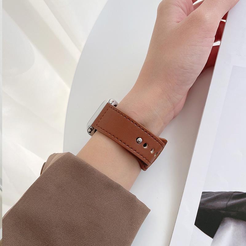 Compatible Leather Watch Band for Apple iWatch S10/8/9SE, Huawei GT, Xiaomi 89 Pro, and Redmi 45 - Top Layer with Studded Buckle