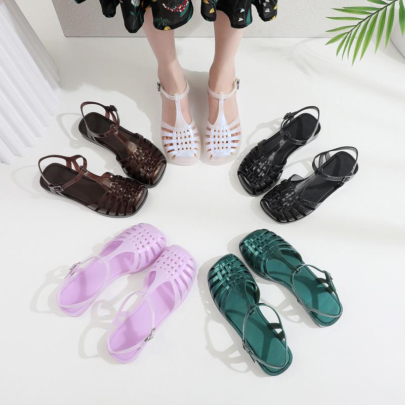 Sandalen mit eckiger Spitze Damen Sommerbekleidung lässige Taschenkopf flache Sandalen hohle römische Sandalen Strandgelee duftende Schuhe