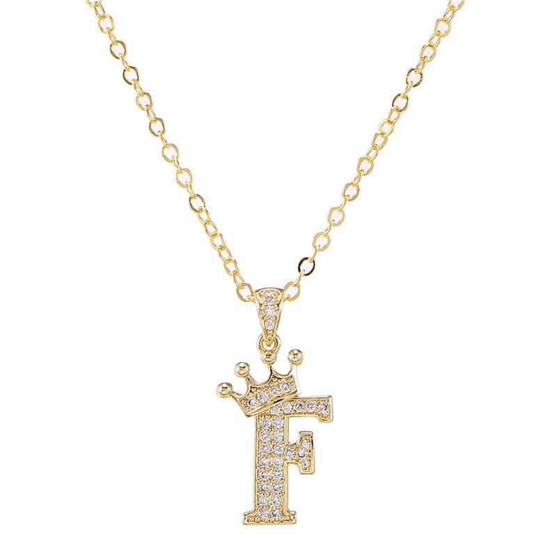 Fashion Cubic Zirconia Crown Letter Pendant Necklace Gold Hip Hop Punk Alphabet Jewelry