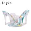 Fashion Liyke New Fashion Color Print Peep Toe Clear High Heels Sexy Women Transparent Slippers Sandals Summer Party Dress Shoes Pumps