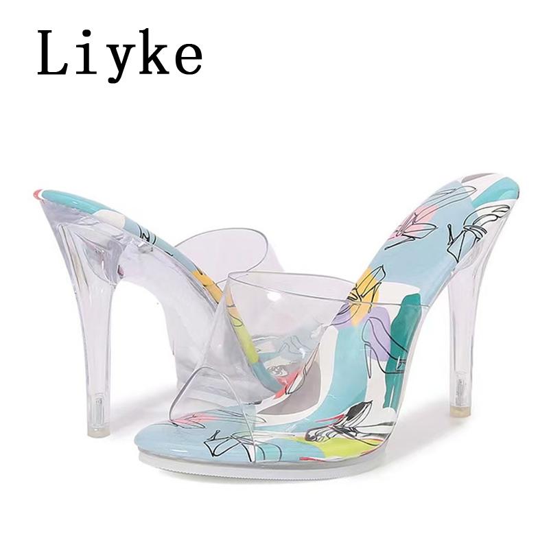 Fashion Liyke New Fashion Color Print Peep Toe Clear High Heels Sexy Women Transparent Slippers Sandals Summer Party Dress Shoes Pumps