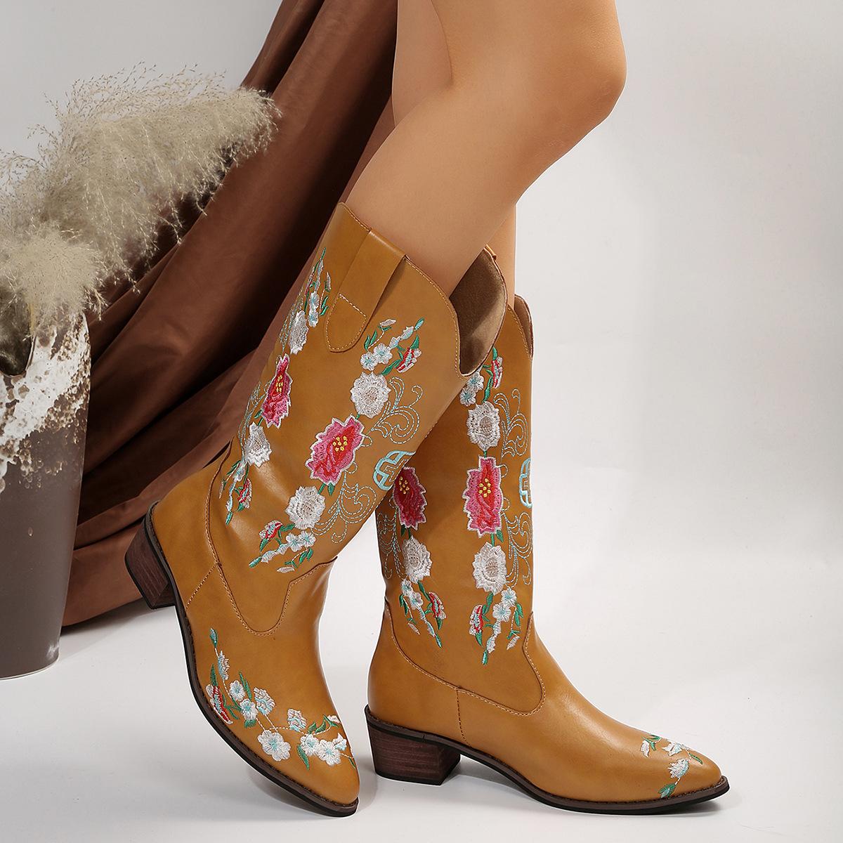 Martin Boots Women S Pointed Embroidery Coarse Heel High Heel Knight Boots High Boots 35