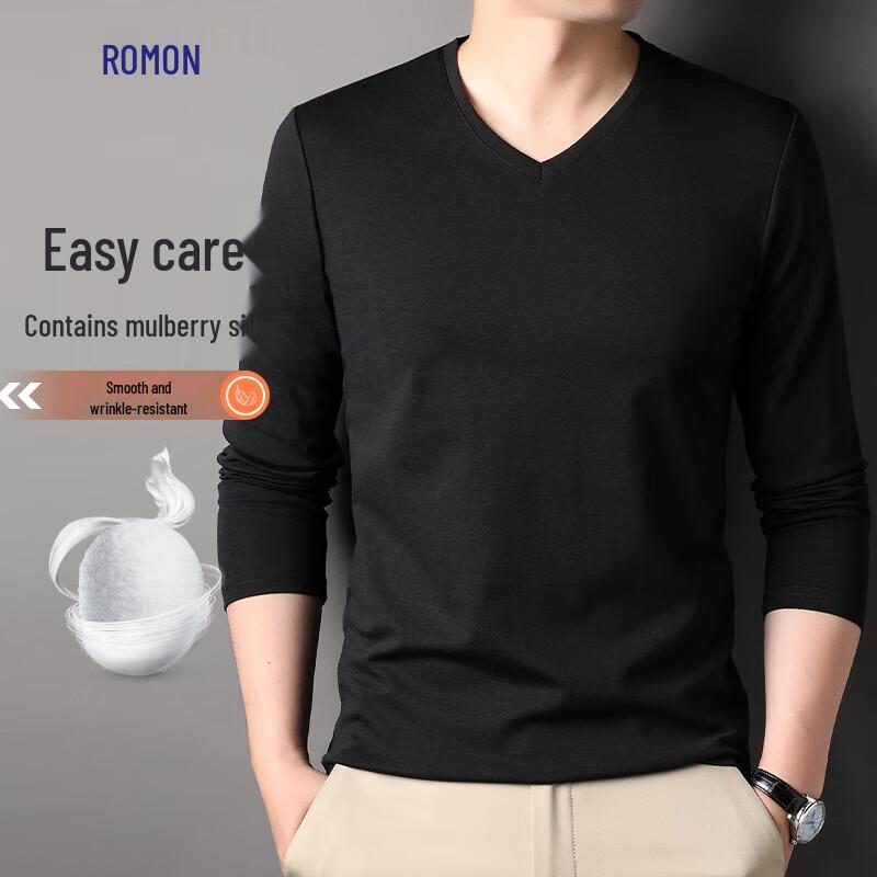 Romon Men s Mulberry Silk Blend V-Neck Long-Sleeve Polo T-Shirt 2XL