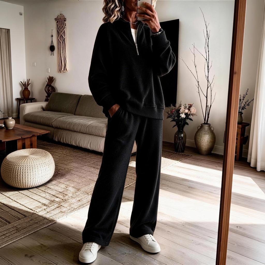 Women's Color Half-Zip Sweatshirt and Wide-Leg Pants Set, Loose Fit Casual 2 Piece Outfit
