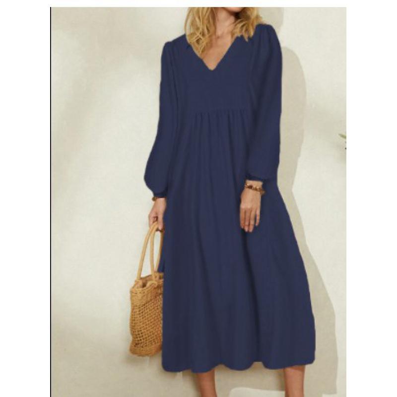 2022 Spring European-American Women's Cotton Linen Lantern Sleeve Dress