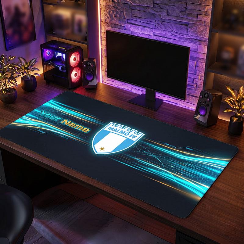 Malmö FF Custom Large Mouse Pad, Personalized Name Text Print, Football Logo Non‑Slip Desk Mat Gaming Gift