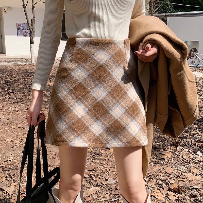2025 Autumn/Winter Women's High-Waisted Plus Size Yellow Plaid Wool Mini Skirt