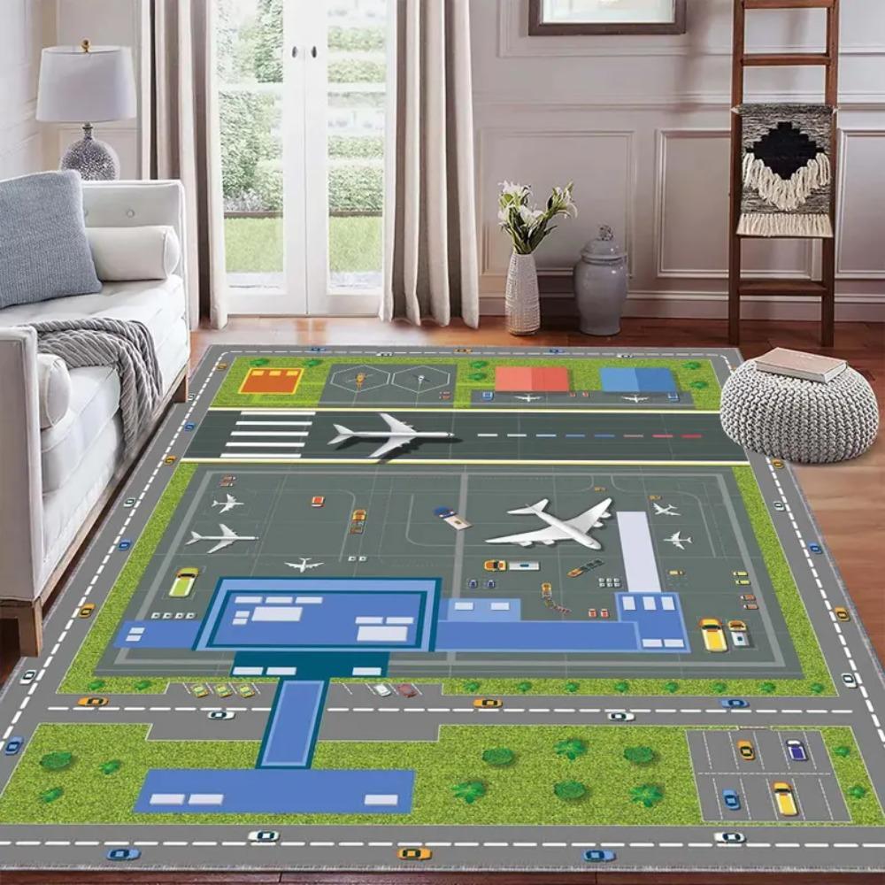 Airport Runway Carpet Mat Rug Aeroplane Theme Home Decoration Non-slip Educational Kids Activity Play Mat with Terminal Design